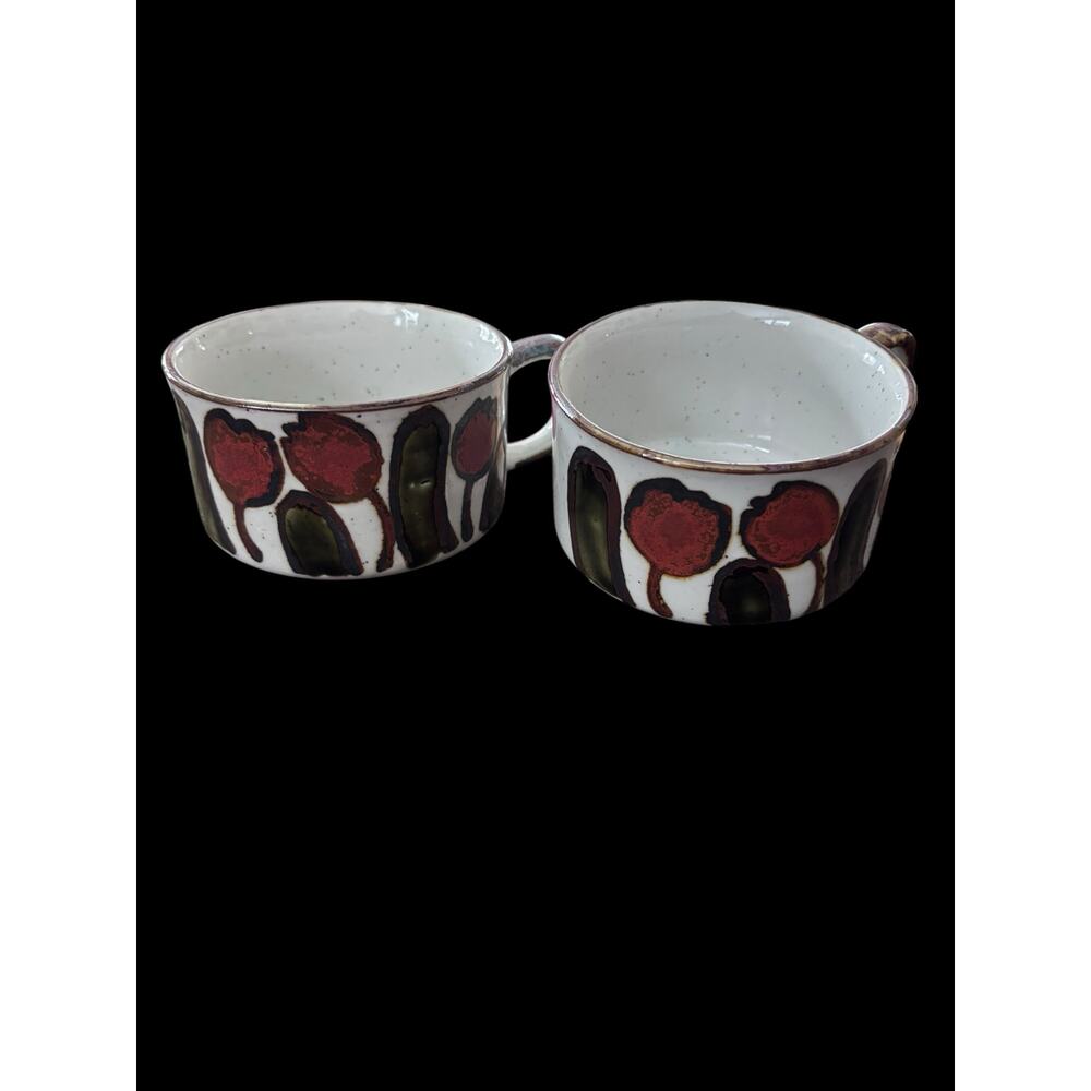 Vintage Pair of 70s Otagiri Style Floral Mid-Century Modern Stoneware Soup Mug